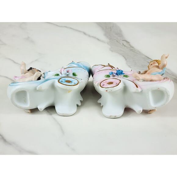 Putti Cherub Shoe Cart Porcelain Bisque 4" Figurine Blue Pink Home Decor x2 - Picture 15 of 16